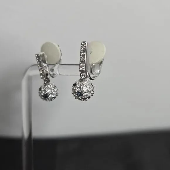 Swarovski Rhinestone Ball Drop Earrings Silver Tone White Blue Crystal Pave Clip - Picture 3 of 8